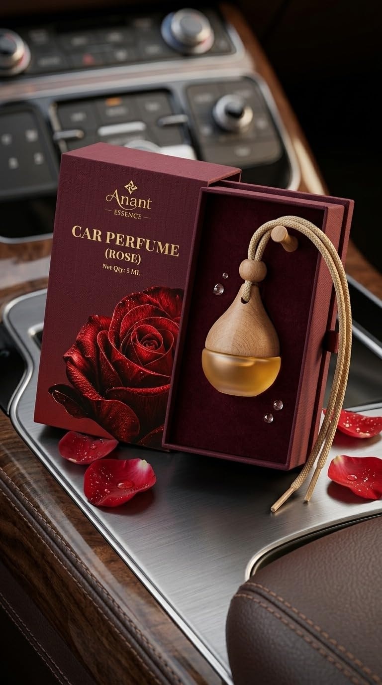 Anant Essence Rose car perfume boxed, on car console