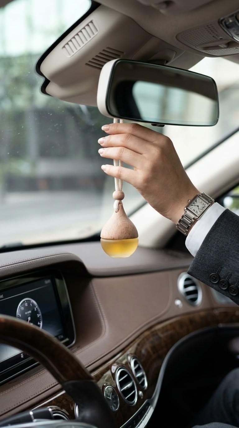 Anant Essence Rose car perfume hanging from rearview mirror